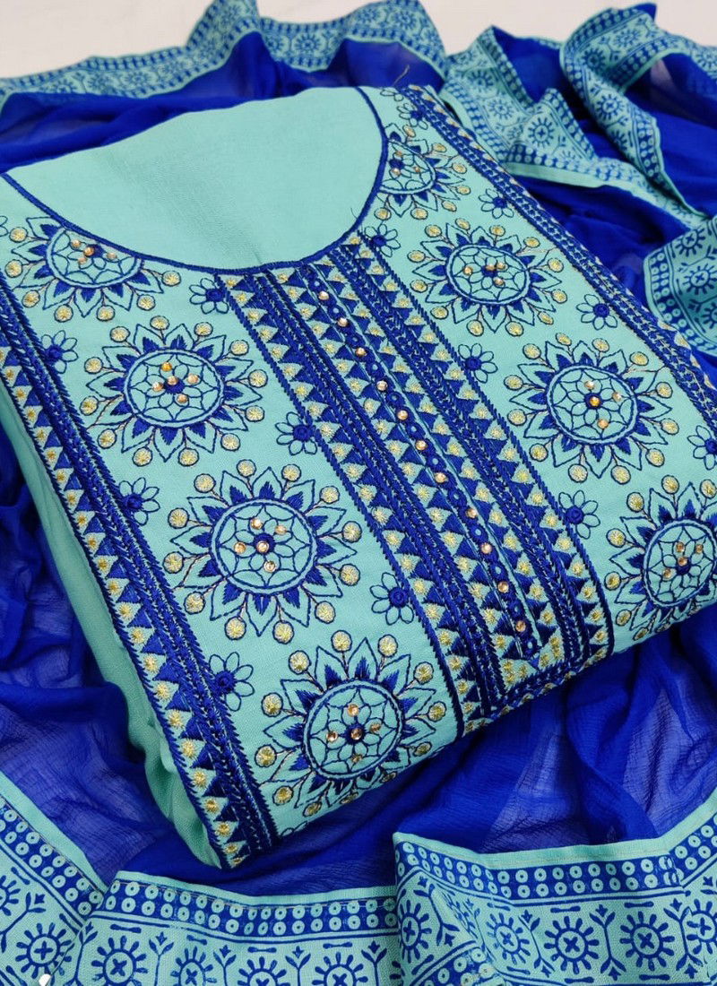 Blue Colour Latest Fancy Designer Casual Wear Pure Cotton Embroidery Worked Dress Material Collection 101